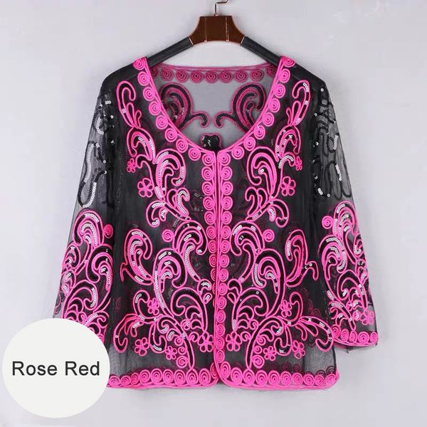 

retro women lace sequins stitching embroidery floral cardigan half flare sleeve v neck sheer caple coat over size, White