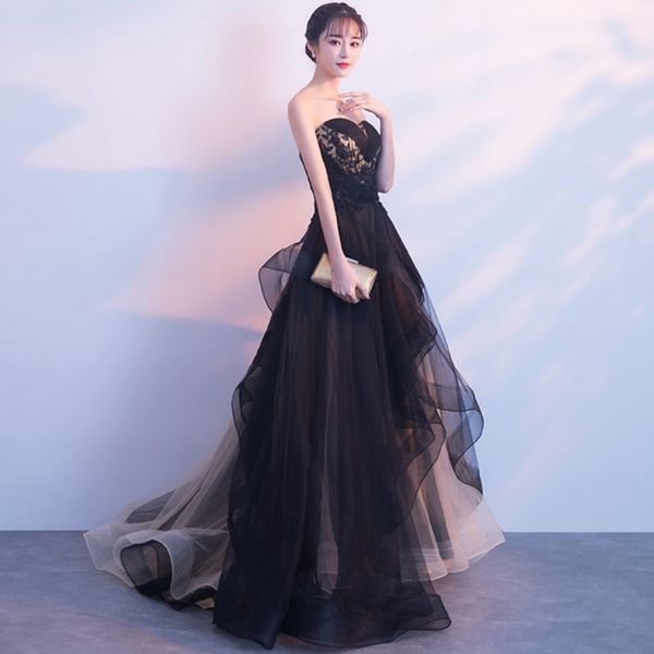 

female strapless black evening dress vintage plus size ball gown with train up back ruffle dresses, White;black