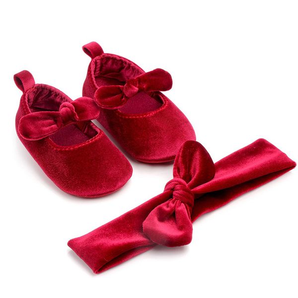 

newborn infant cute baby shoes girl comfort first walkers gold velvet soft sole princess bowknot crib shoes with hairband 0-18m