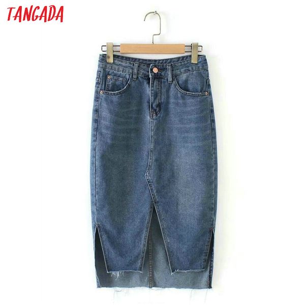 

tangada women female denim jeans skirts asymmetric side spilt button ladies retro mid calf length skirts 2x27, Black