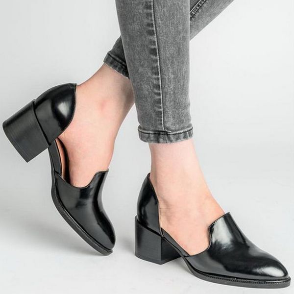 

women shoes loafers patent leather middle heels slip on footwear female pointed toe thick heel, Black