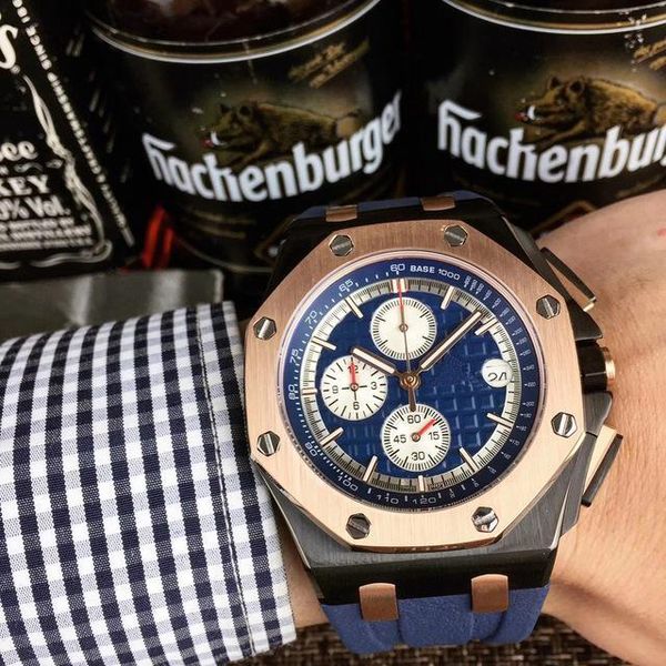 

2019 new quality men's sports wristwatch royal oak series 44 mm blue dial rubber strap automatic men's quartz watch ng, Slivery;brown