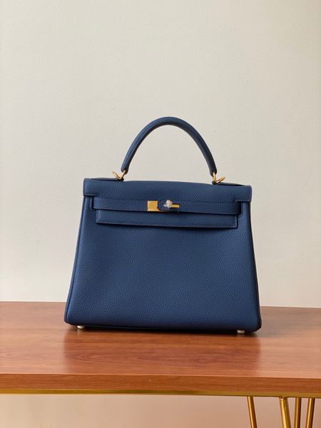 

wholesale togo skin half handmade with wax line thread navy blue keily bag,25cm 28cm 32cm both gold,sliver hardware for chosen