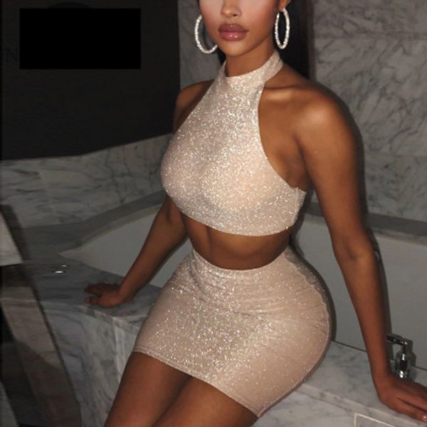 

party dress womens fashion hanging neck exposed backpack hip two-piece sets women blingbling summer dress short + skirt, White