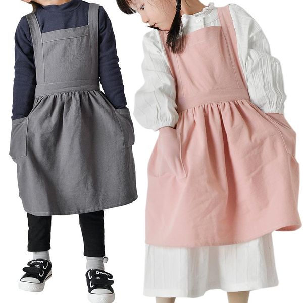 

japanese korean style children apron kitchen baking uniform wahable cotton and linen high-end kids drawing anti-dirty apron