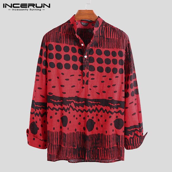 

incerun 2019 fashion men casual shirt printed stand collar long sleeve cotton camisa masculina business shirts men, White;black
