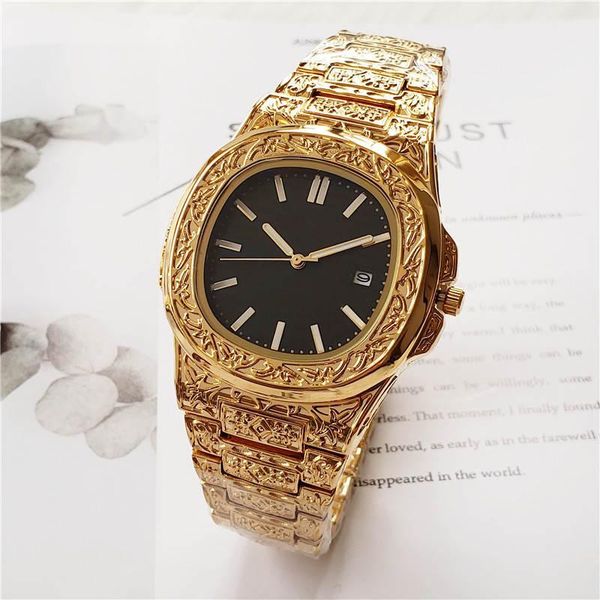 

golden luxury engraved men's mechanical movement stainless steel watch designer sports spontaneous style business quality watch, Slivery;brown