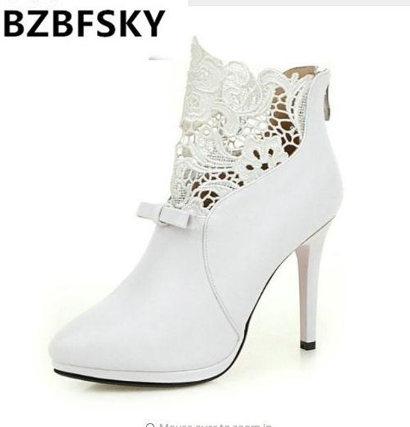 

bzbfskyautumn white wedding shoes 2017 women boots lace thin high-heel pu ankle boots pointed toe bow tie size 34-42, Black