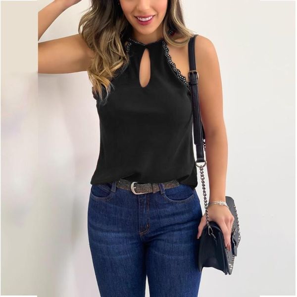 

women sleeveless casual tunic beads neckline tank shirt vest new women's solid colortank short summer mujer verano 2020, White