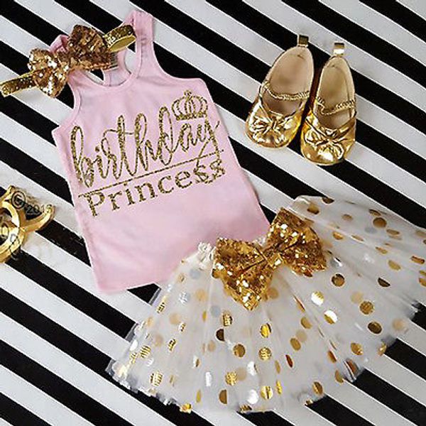 

kid baby girl birthday outfit t-shirt party skirt princess dress set clothes dress for girls waistcoat mini dot, White