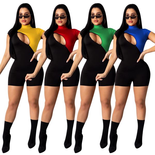 

womens bodycon short sleeve high neck zipper front color block slim fit rompers shorts jumpsuits, Black;white