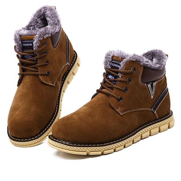 

men's boots casual brown/blue ankle lace-up with fur autumn/winter warm men shoes, Black