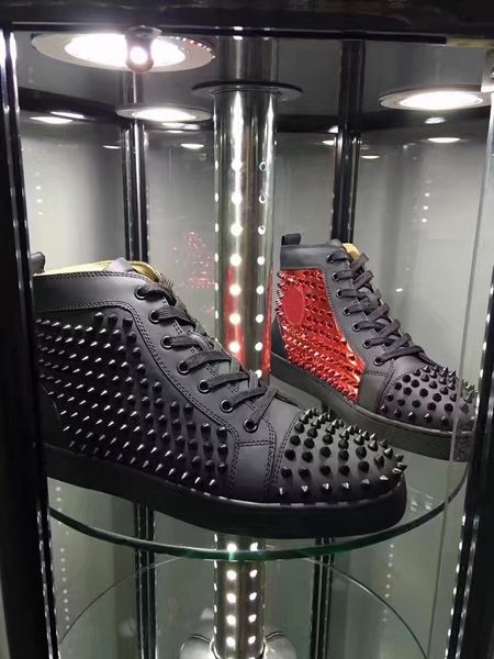 

name brand casual man woman red bottom sneaker fashion patchwork shining gold high rivets lace up party shoes spikes t07, Black