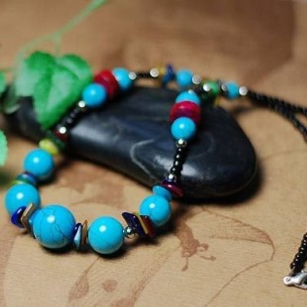 

exotic tibetan style charming natural stone beads colored shell pieces original necklace ethnic jewelry (blue, Silver