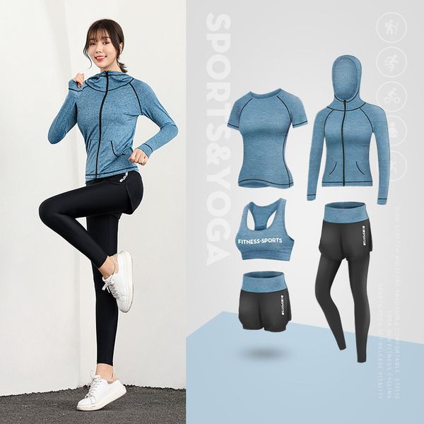 

high waist pants+hooded coat+t shirt+bra+short women yoga 5 pieces set outdoor running quick dry fitness gym clothing sports set, Black;blue