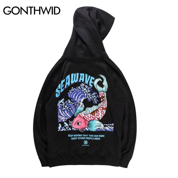 

gonthwid embroidered carp koi fish seawave print hoodies sweatshirts harajuku hip hop fashion pullover hoodies streetwear, Black