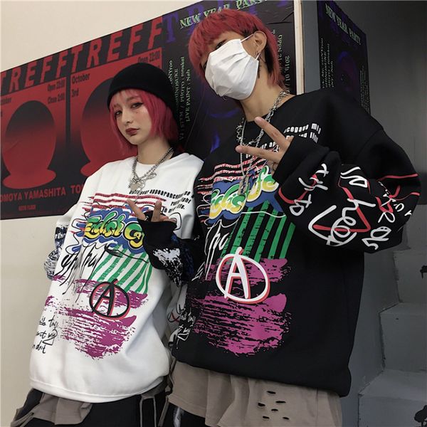 

2019 men's cartoon doodling printing hoodies round neck pullover leisure loose coats cotton casual clothes sweatshirts size m-xl, Black