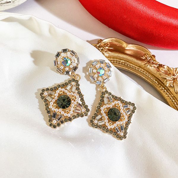 

korean vintage geometric zircon crystal pendant earrings for women fashion temperament statement earrings party jewelry gift, Silver