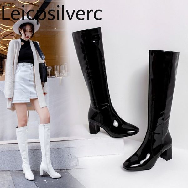 

women's boots autumn and winter the new fashion square head zipper thick heel mid heel high tube women's shoes plus size 34-45, Black