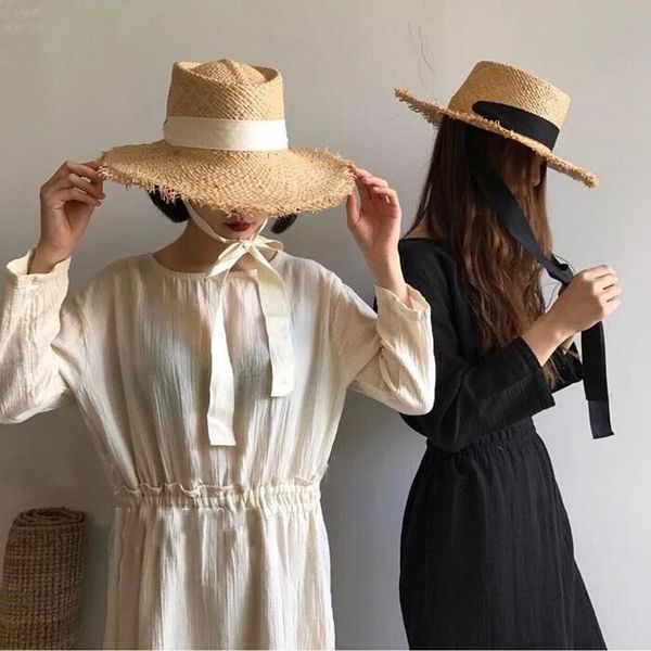 

dolphin women summer black white ribbon hat pure color big jazz straw grass sun hat bohemia burr big holiday seaside, Blue;gray