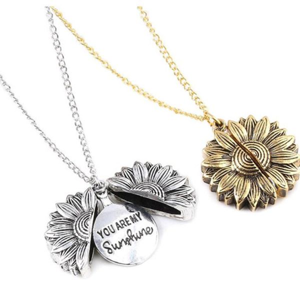 

sunflower lettering necklace alloy flower double-layer short clavicle chain you are my sunshine charm pendant neckalace for woman lxl580q-1, Silver