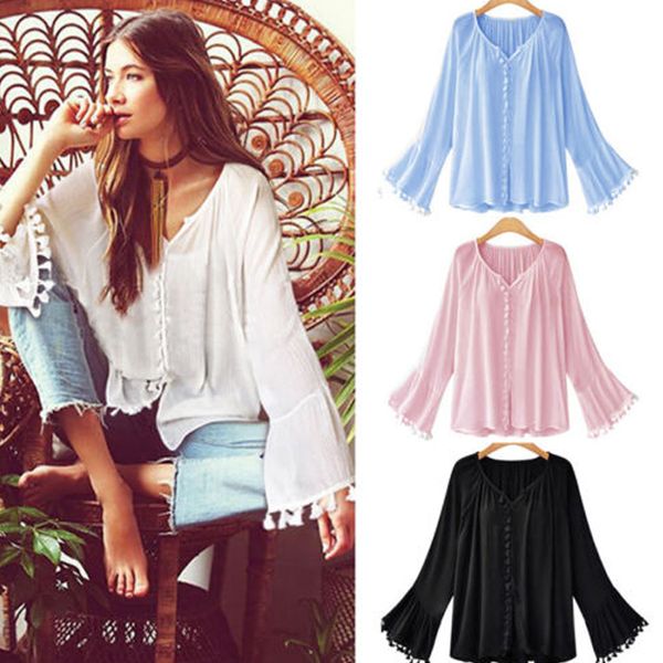 

thefound casual women blouses long sleeve blouses ladies summer casual v neck loose blouses, White