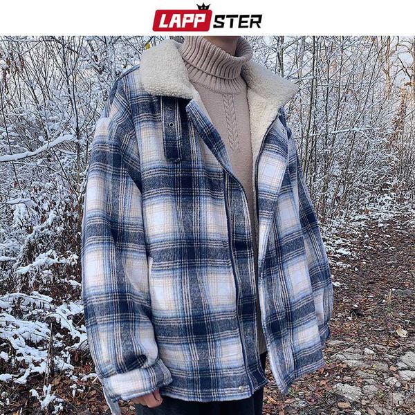 

мужчины harajuku плед шерсти куртки пальто 2019 зимняя куртка мужская толстый теплый parka мужской корейский streetwear ветровка, Black