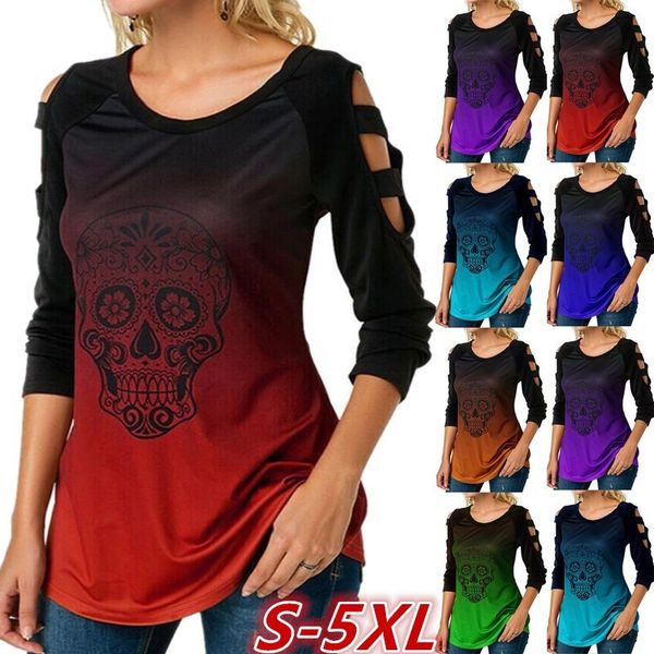 

autumn long-sleeved shirt women's off-the-shoulder gradient color skull print 5xl large size t-shirt ladies casual t-shirt top, White