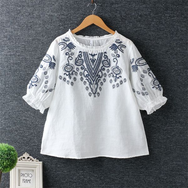 

ethnic spring summer white embroidery shirt woman loose half sleeve retro cotton women and blouses shirred color navy 2019