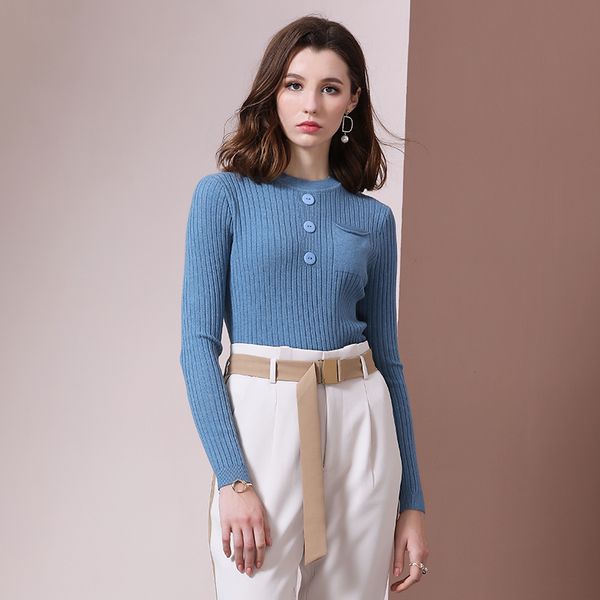 

autumn new long sleeve knit shirt round collar european and american style black blue acrylic fiber sales by item, White