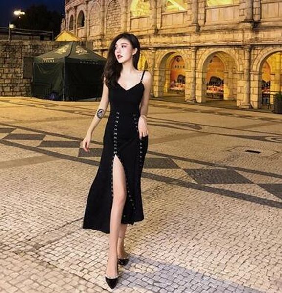 

elegant temperament v-neck women's clothing backless split strap dress high waist slim small black dress dresses work dresses, White;black
