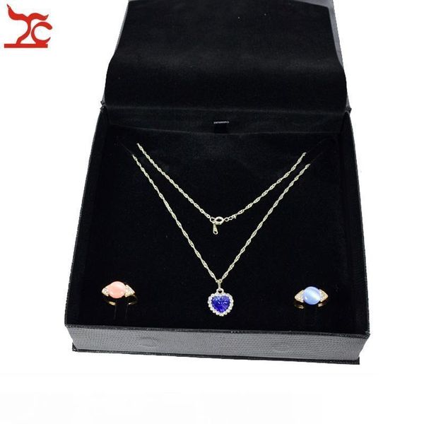

retail high end jewelry storage case portable magnetic lid black embossed double ring necklace jewelry set organizer gift box, Black;white
