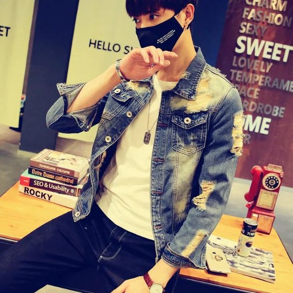 

broken denim jacket men's korean long-sleeved shirt hair stylist slim handsome personality beggar outfit, Black;brown