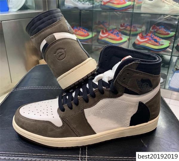 

2019 new release authentic travis scott x 1 high ts 1s black-dark limited basketball shoes for men sneakers with original box cd4487-100, Black;green