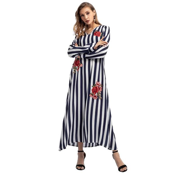 

autumn new maxi dress embroidered cotton striped women's clothing rose long sleeve large size dress, White