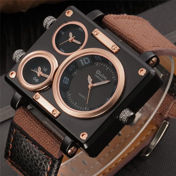 

oulm watches casual men multiple time zone sport quartz watch men canvas wristwatches dropshipping relogio masculino, Slivery;brown