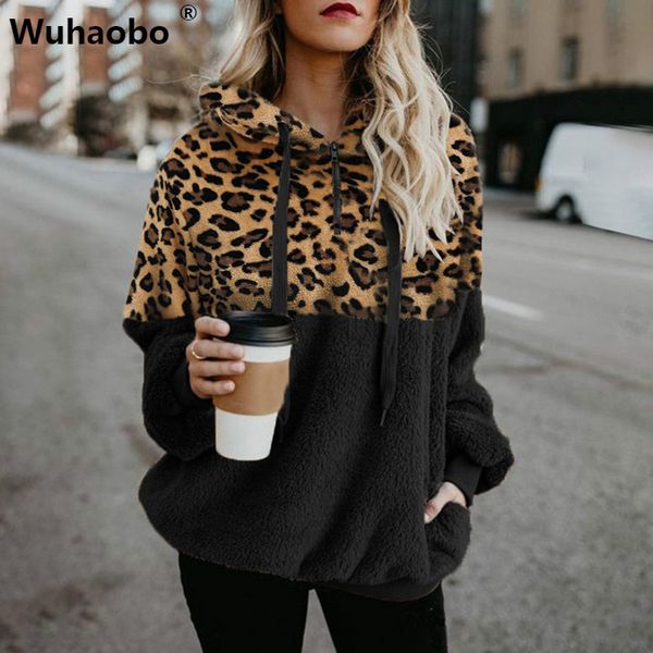 

wuhaobo осень зима кофты женщина с капюшоном печать леопарда толстовка casual zipper сращивание кулиска пуловер hoodie мода top, Black