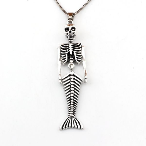 

10pcs mermaid body skull skeleton shaped charms pendant necklaces travel protection pendants necklaces 23.6inches chains a-493d, Silver