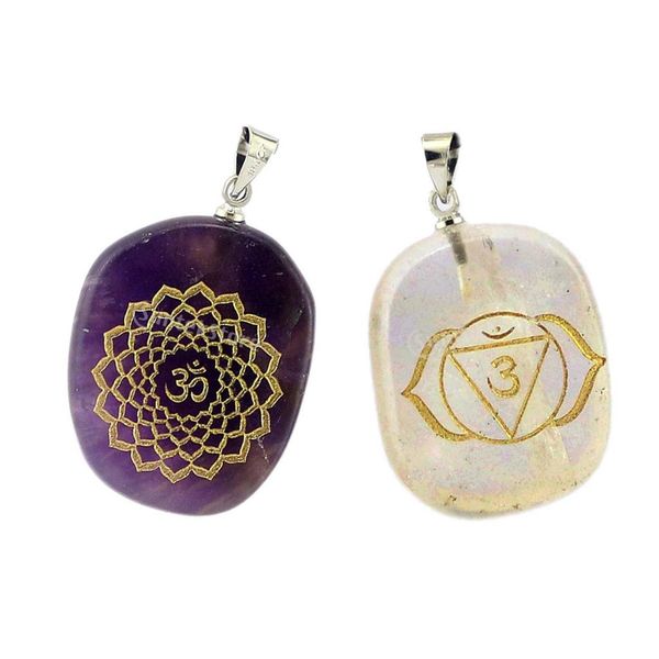 

2 pieces engraved amethyst reiki energy crystal jewelry pendant palm stone, Silver