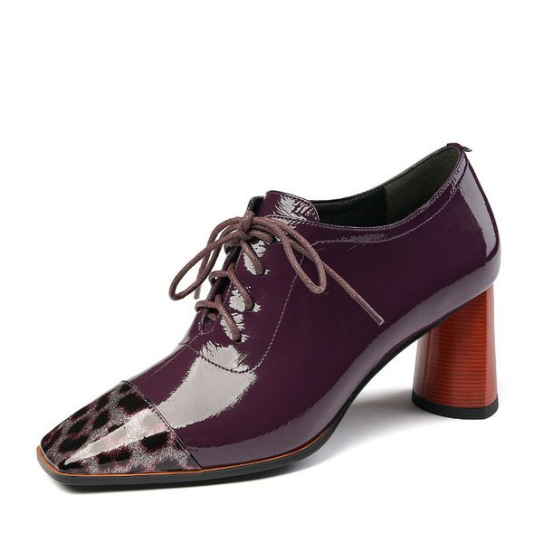 

women cow patent leather lace up pumps fashion square toe high heels elegant shoes woman female office pumps shoes, Black