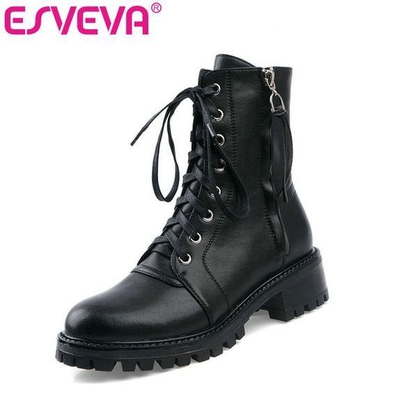 

esveva 2020 leather+pu round toe fashion platform ankle boots autumn winter zipper square heel casual women shoes size 34-39, Black