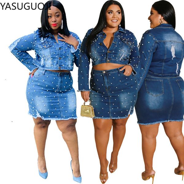 

yasuguoji plus size 4xl 5xl denim two piece set pearls beading coat and mini skirt long sleeve party club outfits for women, White