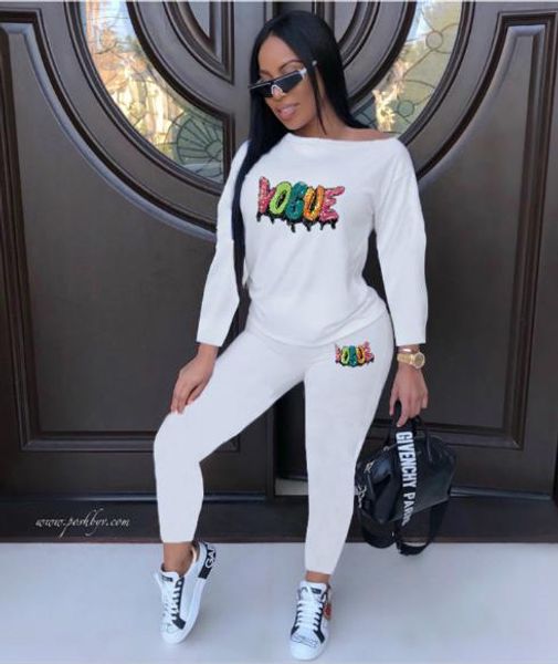

womens designer letter printed tracksuits fashion sequins printed long sleeve long pants womens active suits, White