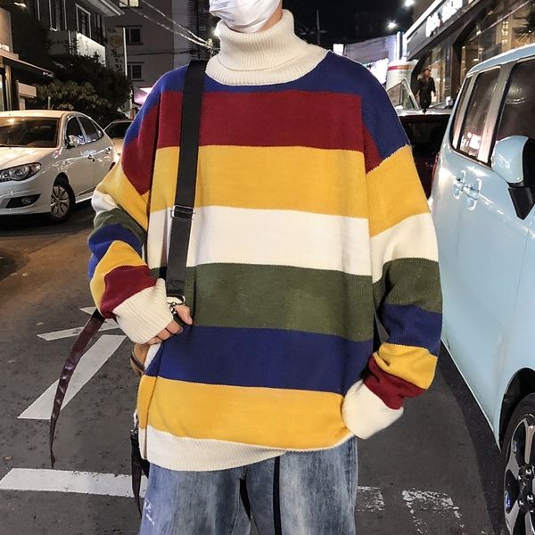 

men's sweater 2019 autumn winter new rainbow striped turtleneck loose warm sweater youth personality fashion trend men's wear, White;black