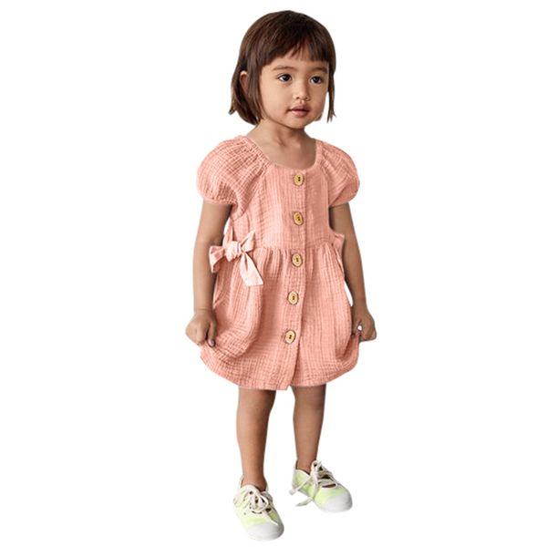 

baby girl dress cotton and linen comfortable infant baby girls short sleeve solid print button princess dress clothes 2019 new, Red;yellow