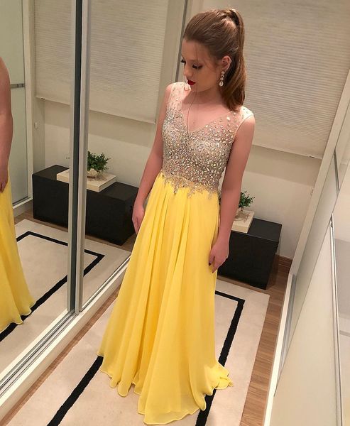 

elegnat v-neck prom dresses sleeveless beading chiffon yellow evening formal gowns a-line long floor length party dress, Black