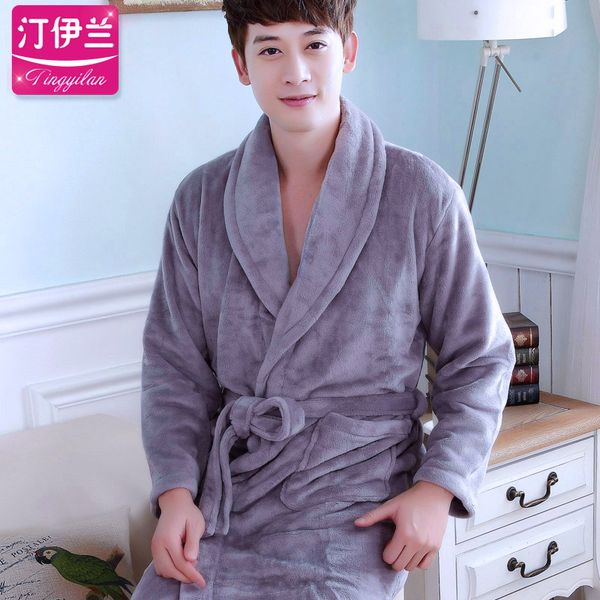 

men's robe flannel bathrobe autumn winter coral fleece homewear male long sleeved gray pajamas men's warm homewear b-5948, Black;brown