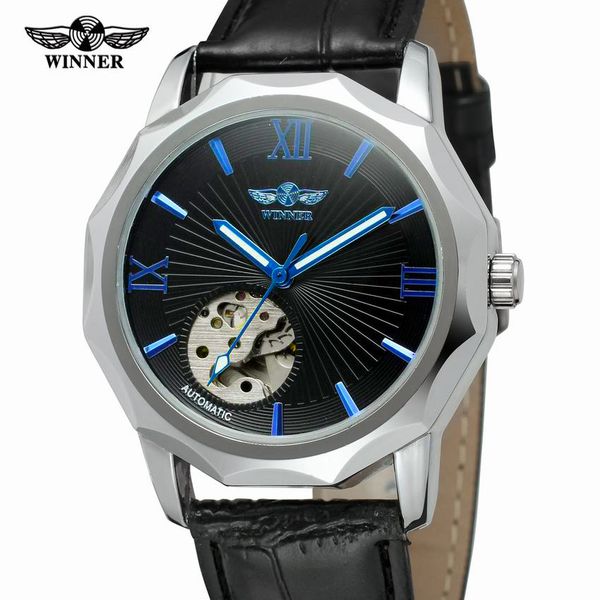 

winner blue exotic dodecagon design skeleton dial men watch geometry brand luxury automatic fashion mechanical watch, Slivery;brown