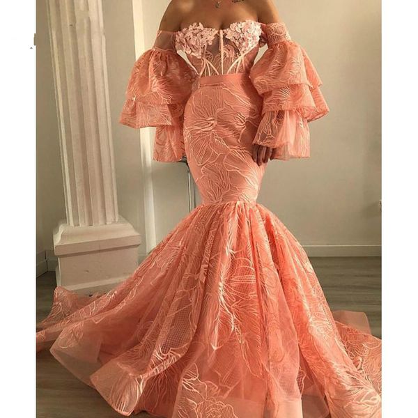 

2019 ashi studio mermaid prom dresses off the shoulder lace ruffles illusion appliqued evening gowns plus size women party dress women, Black