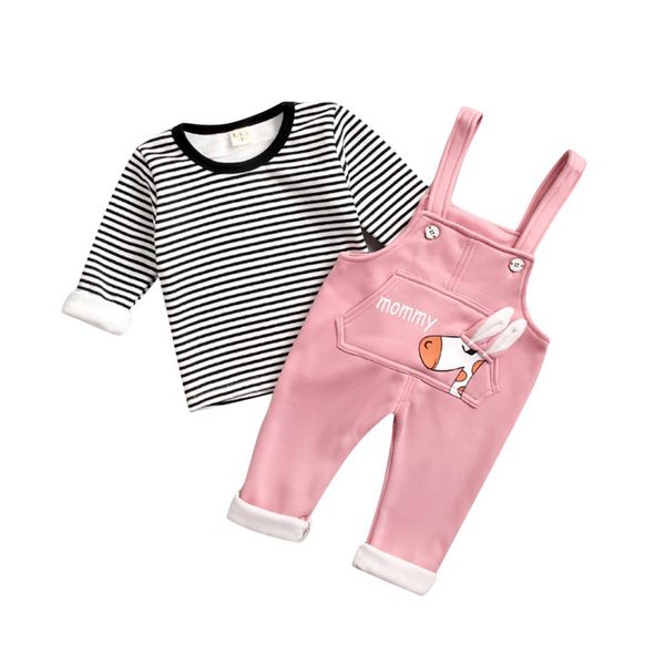 

2pcs/set baby girls boys long sleeve striped print autumn thicken blouse cartoon suspenders pants casual outfits set, White